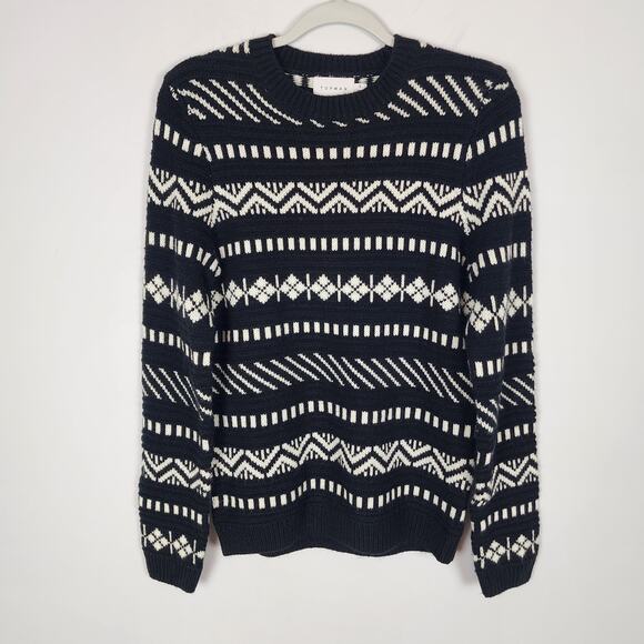 Topman Mens Small Fair Isle Crewneck Sweater Black White Geo Long Sleeve Office - Picture 1 of 11